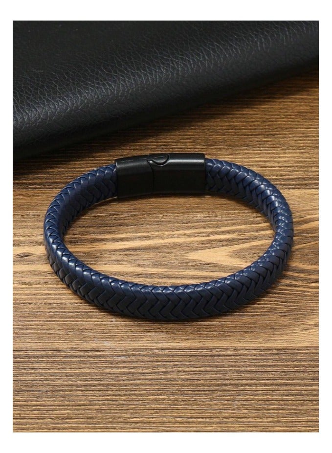 MARIO DRAFTS Men's Braided Leather Bracelet, Navy Blue with Black Magnetic Clasp - Image 2