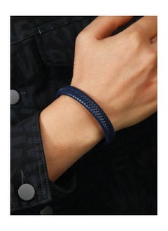 MARIO DRAFTS Men's Braided Leather Bracelet, Navy Blue with Black Magnetic Clasp  - Image 3