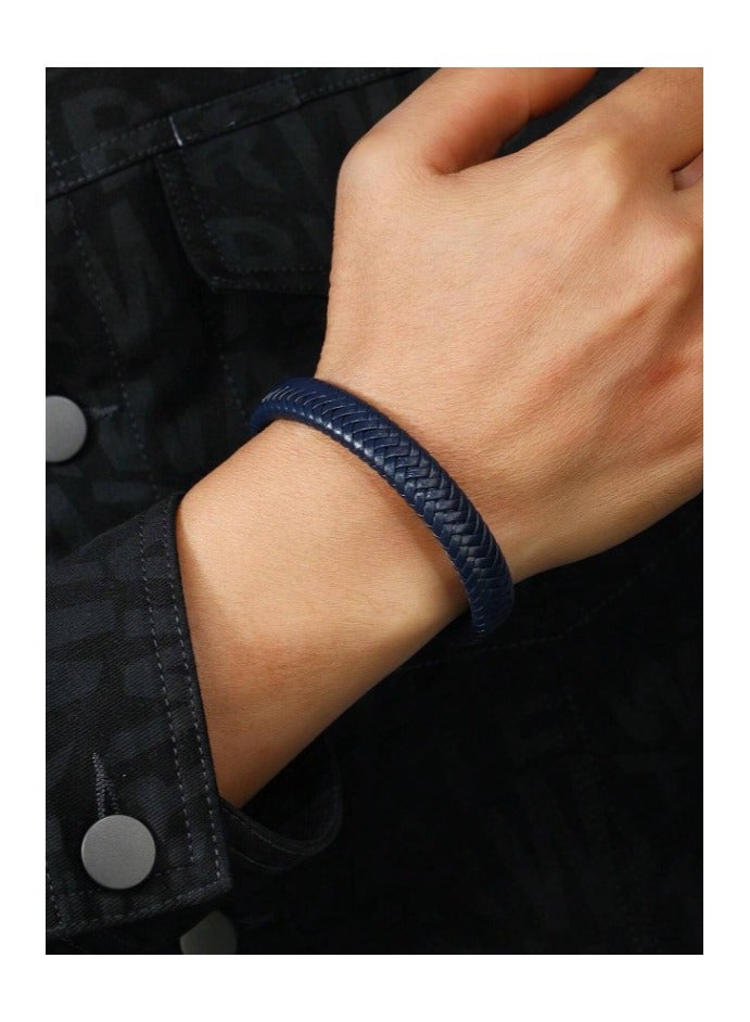 MARIO DRAFTS Men's Braided Leather Bracelet, Navy Blue with Black Magnetic Clasp - Image 3