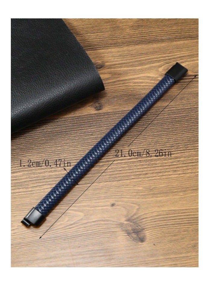 MARIO DRAFTS Men's Braided Leather Bracelet, Navy Blue with Black Magnetic Clasp - Image 4
