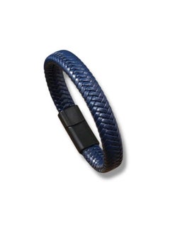 MARIO DRAFTS Men's Braided Leather Bracelet, Navy Blue with Black Magnetic Clasp  - Image 5