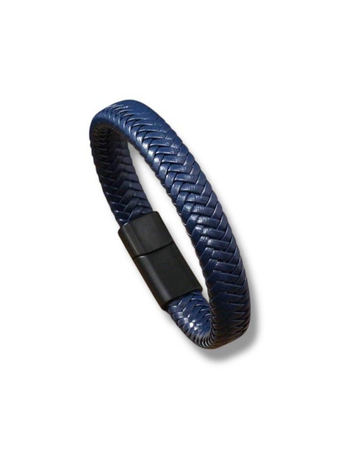 MARIO DRAFTS Men's Braided Leather Bracelet, Navy Blue with Black Magnetic Clasp - Image 5