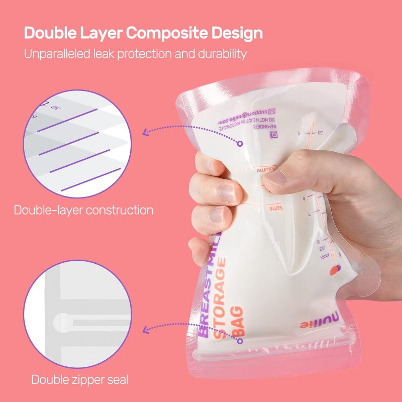 Nuliie 50 Pcs Breastmilk Storage Bags, 8 OZ Breast Milk Storing Bags, BPA-Free, Milk Storage Bags with Pour Spout for Breastfeeding, Self-Standing Bag, Space Saving Flat Profile - Image 4