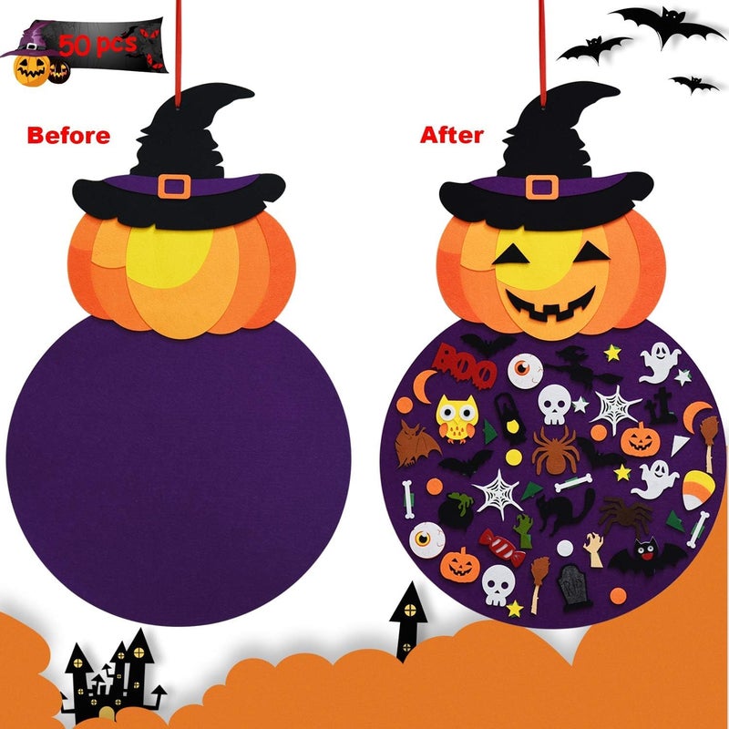 THAWAY DIY Halloween Felt Pumpkin Witch Hanging Decor Felt Crafts and Kits Adhesive Ornaments Halloween Party Favor Decorations Indoors Outdoors (2.8FT) - Image 2