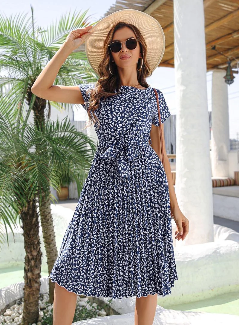 يونيكي Navy Blue Floral Print Fit & Flare Midi Dress