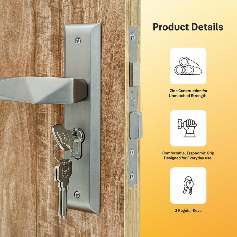 Yale Mortise Door Lock Handle Set Premium Door Locks for Main Door with 3 Keys | Door Handle Lock for Bedroom/Home/Office/Hotel Suitable for Left & Right Handed Doors (SM-01-02, Satin Steel) - Image 3