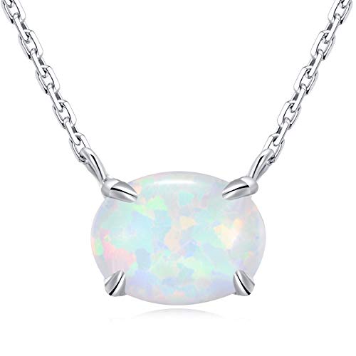 Ellena Rose Sterling Silver Opal Necklace, 925 Sterling Silver & 14K White Gold Plating, October Birthstone Necklace, Small Oval Opal Jewelry For Women, Gemstone Necklace, Simple Necklace (White Gold) - Image 1