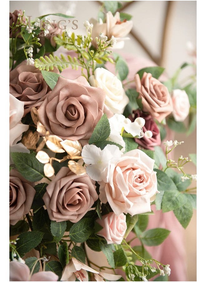 لينجز مومينت قطعتان من زهور Dusty Rose المقوسة، زهور صناعية، قطع مركزية لحفلات الزفاف، إكليل زهور صناعية، ترتيبات خضراء لحفلات الخطوبة، ديكور طاولة على شكل قلب، لافتات ترحيب على الحائط  - Image 3