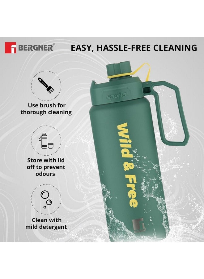 Bergner Walking 1000 ml Thermo Steel Bottle/Flask, Hot/Cold, Vacuum Insulated, For Water/Sports Drink, Use in Gym/Commute/Sports/Travel, Flip Top Lid, Grab Handle, Green/Olive, Rust/Leak Proof - Image 2