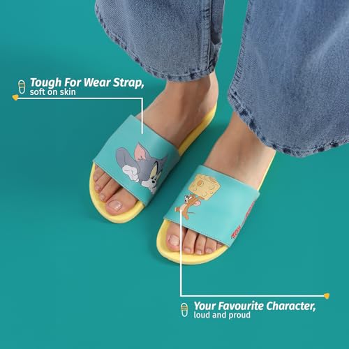 YOHO Tom and Jerry Sliders for Women, Comfortable and Lightweight Slides, Footwear for Man & Boys, Official WB Merchandise -003 | Teal - UK 8 - Image 5