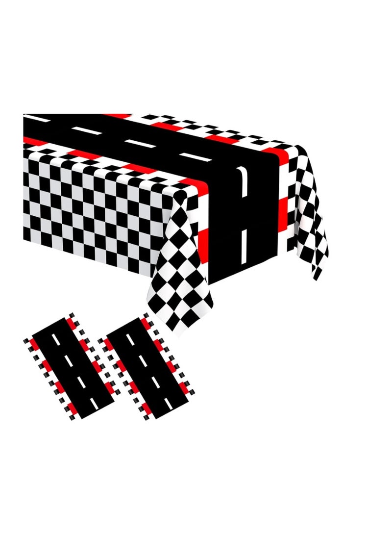 WNINK 2 PCS Racing Car Theme Tablecloths Car Disposable Plastic Tablecloths Black Checkered Flag Table Covers Racetrack Rectangular Tablecloth for Race Car Birthday Party Decorations, 54 x 108 Inch - Image 1