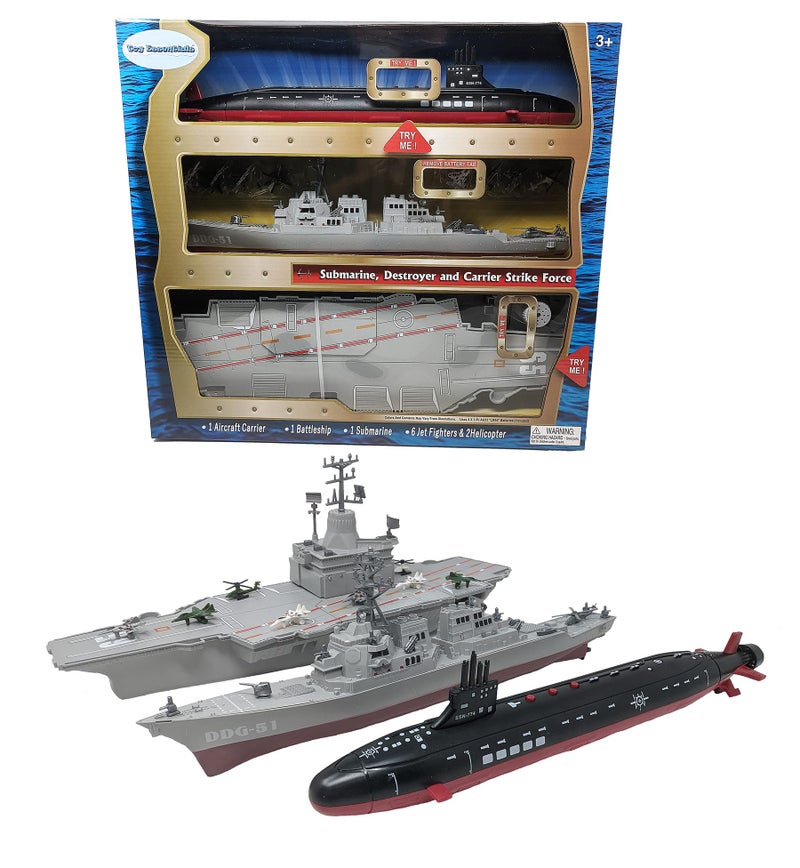 Toy Essentials Toy Aircraft Carrier Submarine and Battleship Destroyer Combo with 8 Mini Fighter Jets - Image 1