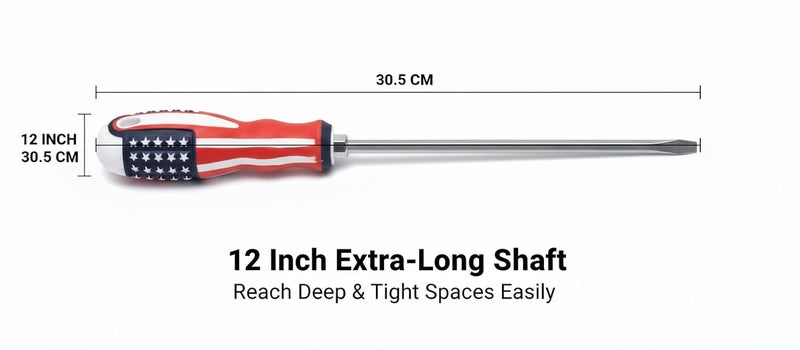 MESHIV 12 Inch Heavy Duty Screwdriver | Chrome Vanadium Steel Shaft | Anti-Slip American Flag Grip | Precision Hand Tool for Home, Car & DIY Repairs (Non-Magnetic) (12 INCH) - Image 2