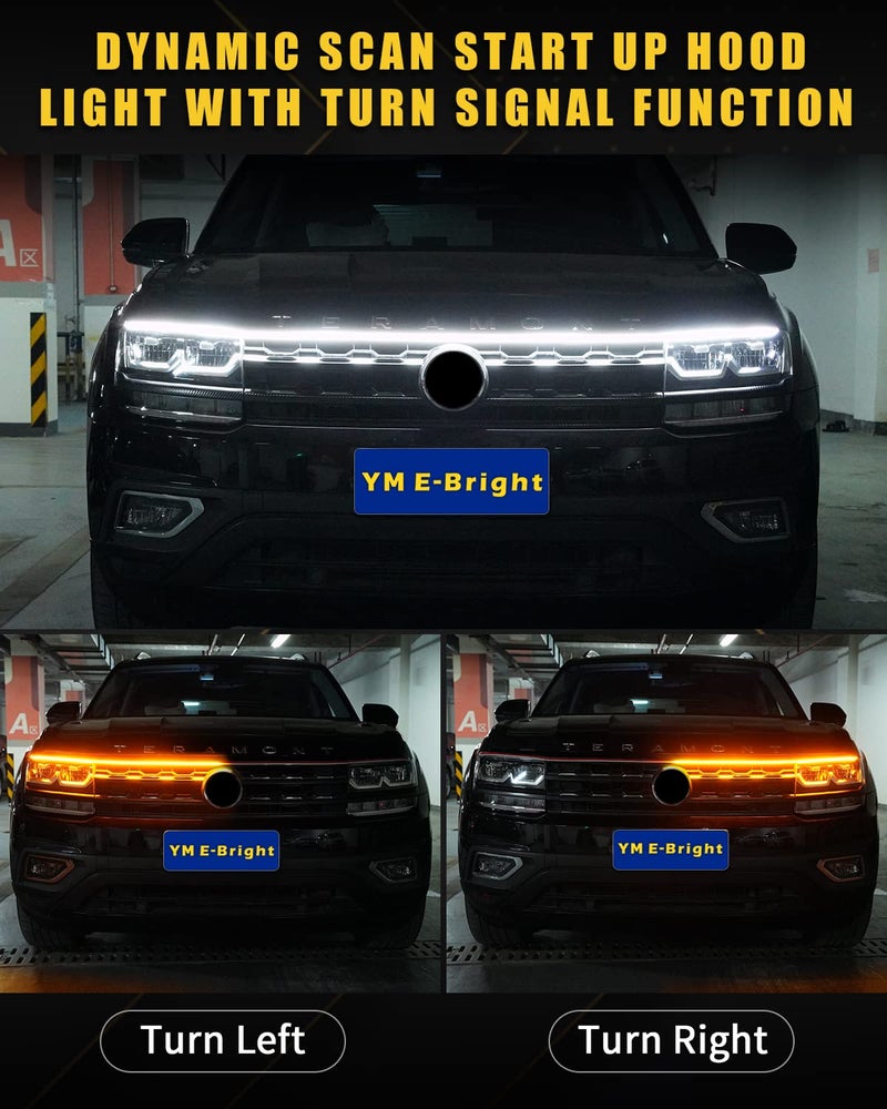 YM EBright Dynamic Scan Start Up Hood Light Strip Sequential Flowing Turn Signal Lights Flexible DRL Daytime Running Light Car Led Light Strip Exterior,Dual Color Amber White Switchback 12V 70inch (1 Set) - Image 2