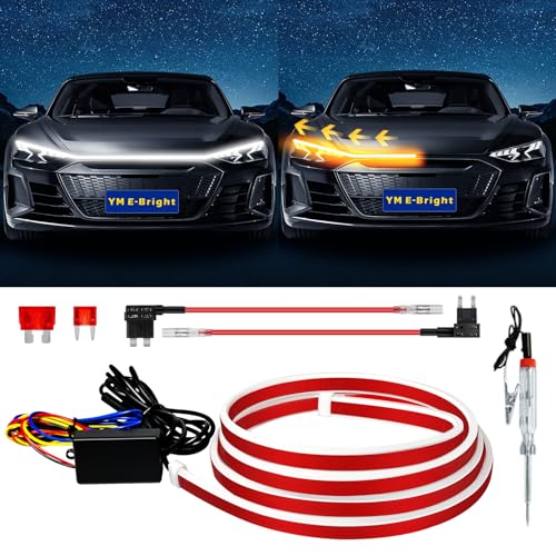 YM EBright Dynamic Scan Start Up Hood Light Strip Sequential Flowing Turn Signal Lights Flexible DRL Daytime Running Light Car Led Light Strip Exterior,Dual Color Amber White Switchback 12V 70inch (1 Set) - Image 1