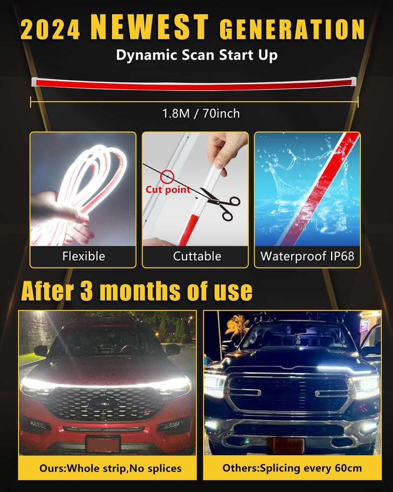 YM EBright Dynamic Scan Start Up Hood Light Strip Sequential Flowing Turn Signal Lights Flexible DRL Daytime Running Light Car Led Light Strip Exterior,Dual Color Amber White Switchback 12V 70inch (1 Set) - Image 3