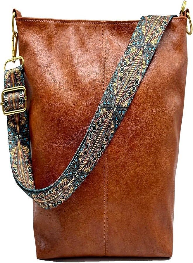 كون حقيبة كتف صغيرة من Kawn® للنساء والفتيات، مزودة بحزام عريض بنمط جيتار بوهيمي، مناسبة للعمل والسفر، مصنوعة من الجلد النباتي، بتصميم كلاسيكي، حقيبة كروسبودي أنيقة للنساء، مزودة بسحاب (بني). - Image 1