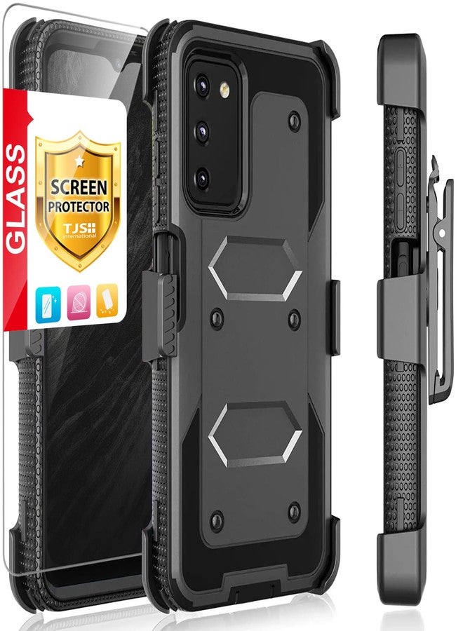 TJ's TJS Compatible for Samsung Galaxy A15 5G Case, with [Tempered Glass Screen Protector] Belt Clip Holster Hybrid Kickstand Heavy Duty Phone Case Cover (Black) - Image 1
