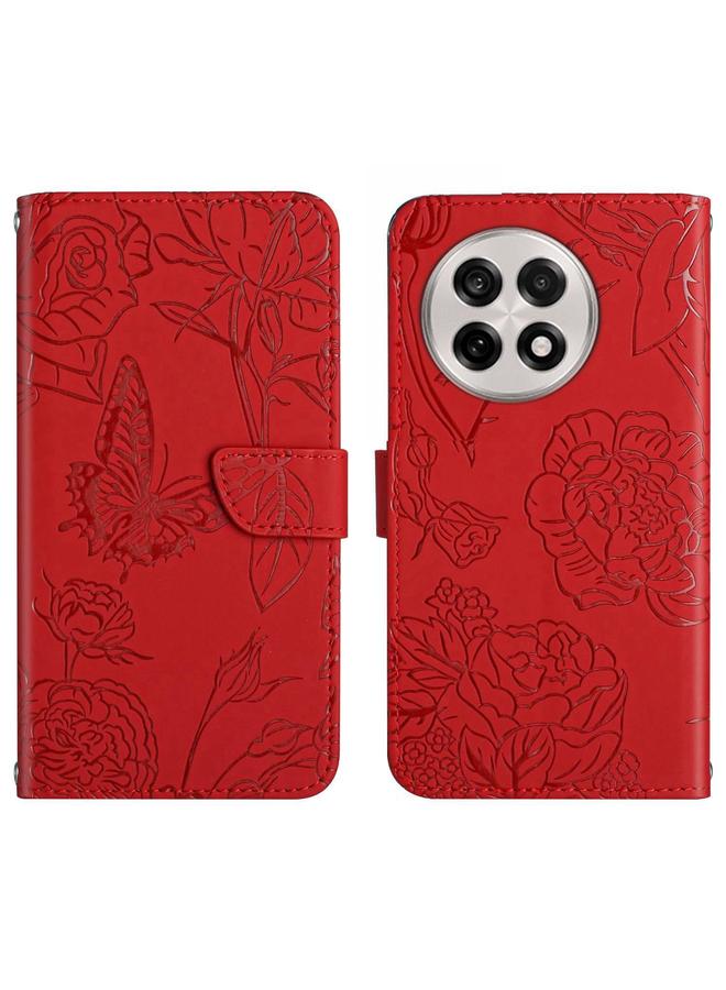 اس-توب جراب لهاتف OnePlus 13 مصنوع من الجلد المنقوش بنقشة زهور الفاوانيا على شكل فراشة - Image 1