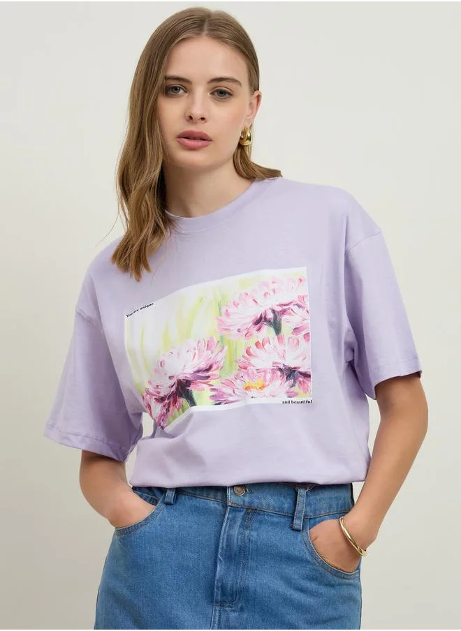 ستايلي Styli Floral Graphic Print Short Sleeve Jersey Oversized T-Shirt