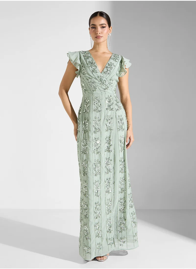 مايا Linear Placement Embellished Wrap Maxi Dress