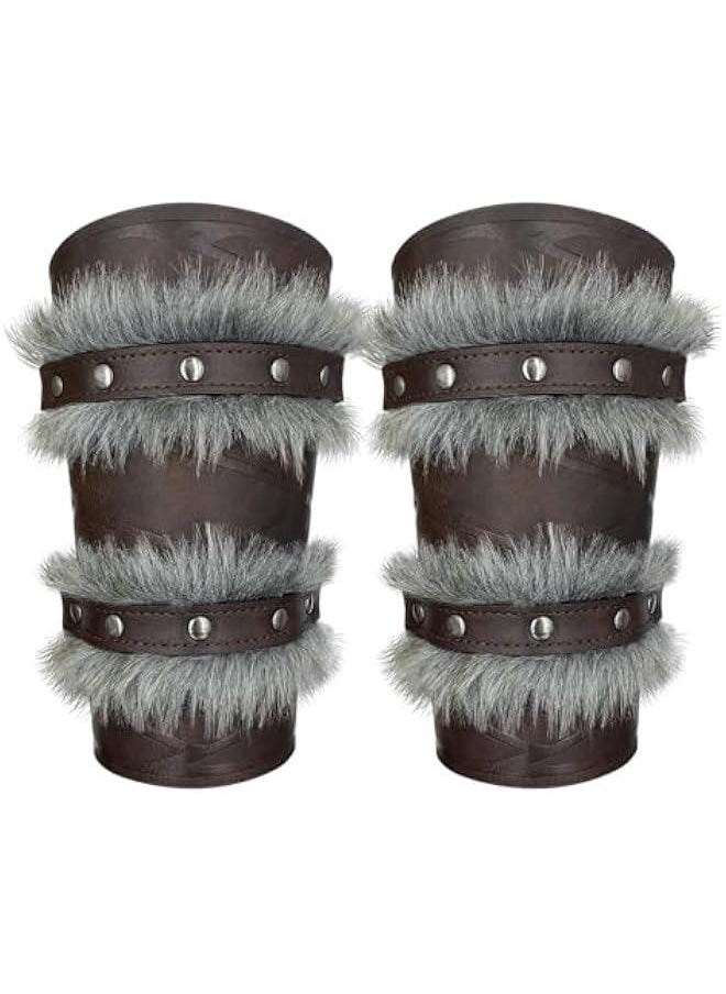 Generic Nordic Viking Barbarian Arm Guards, Medieval Artificial Fur Gauntlets, Vintage Faux Leather Bracers for LARP  - Image 3