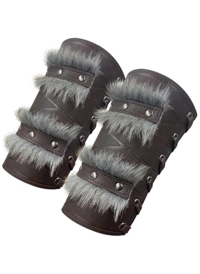 Generic Nordic Viking Barbarian Arm Guards, Medieval Artificial Fur Gauntlets, Vintage Faux Leather Bracers for LARP  - Image 1