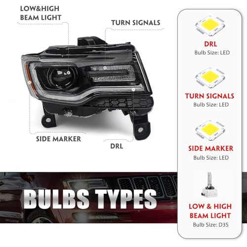 Huray HID Headlight Assembly for Jeep Grand Cherokee 2014-2016 [Only for Xenon Type] [Black Housing] OE Projector Headlamp w/LED DRL Bulbs Right Passenger Side (RH) - Image 5