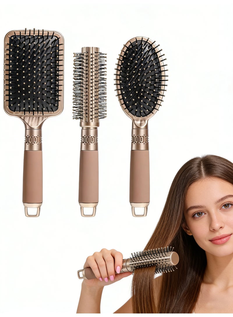 Hair Brush Set, 3pcs Hair Brush Comb with Detangling Nylon Pins, Cushion Hair Combs for Women, Men, Kids - Image 1