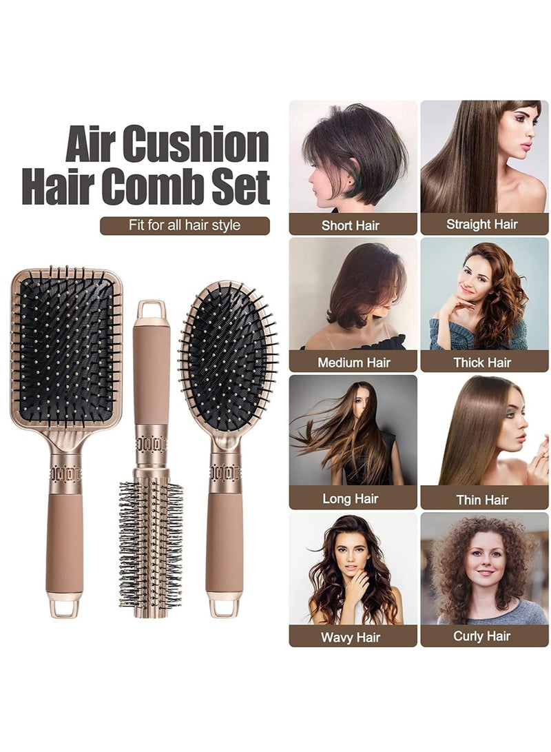 Hair Brush Set, 3pcs Hair Brush Comb with Detangling Nylon Pins, Cushion Hair Combs for Women, Men, Kids - Image 3