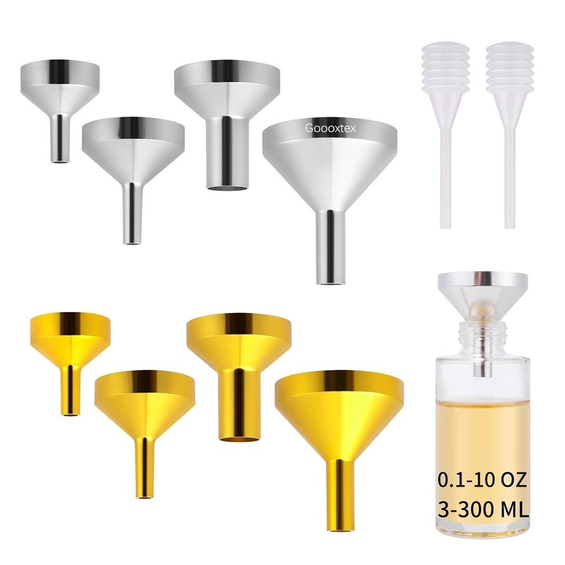 Goooxtex قمع معدني صغير 4 * 2 مع 2 ماصة صغيرة، قمع صغير، عطر، زجاجة، زيت أساسي، زجاجات مصغرة، بخاخات، مسحوق، كبسولة حيوانية، (فضي، ذهبي) - Image 1