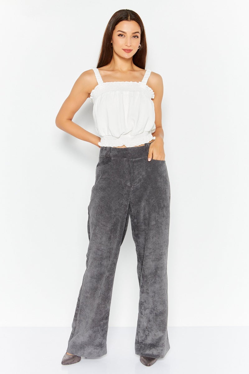 ESPRIT Women Regular Fit Textured Wide Leg Pant, Dark Grey - Image 2