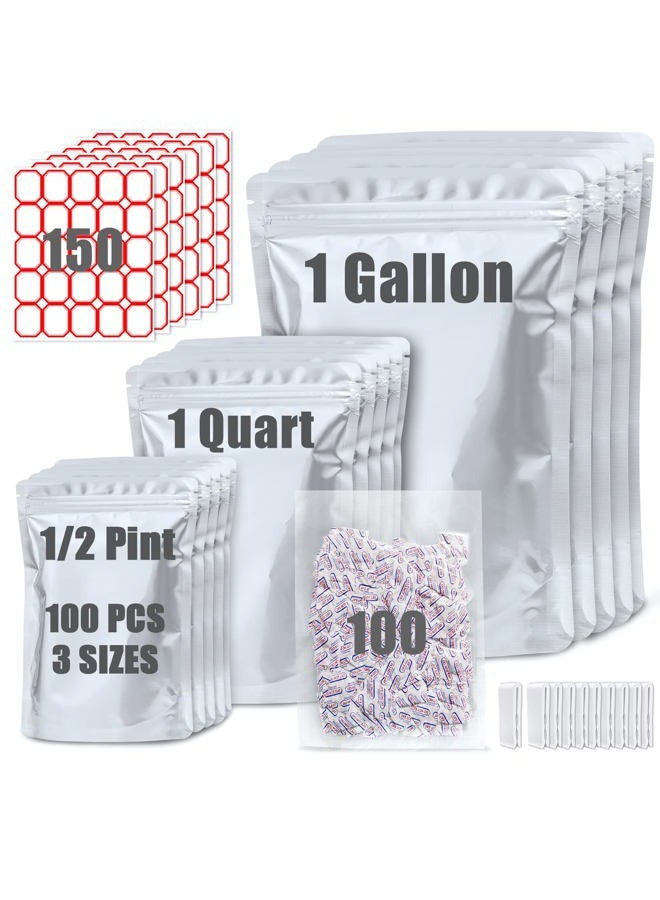 Sukerle 100 Pack Mylar Bags for Food Storage with 100x300cc Oxygen Absorbers - 9 Mil 10"x14" 6"x9" 4.3"x6.3" - Resealable Bags for Packaging Products & Ziplock Food Grade Bags for Storage - Image 1