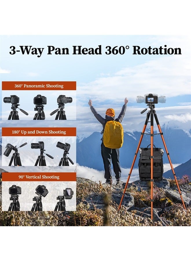 Tripod Camera Tripods, 74" Tripod for Camera Cell Phone Video Photography, Heavy Duty Tall Camera Stand Tripod, Professional Travel DSLR Tripods Compatible with Canon Nikon iPhone, Max Load 15 LB