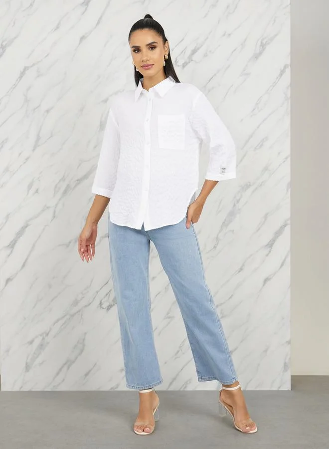 Styli Styli Oversized Textured Curved Hem Shirt with Patch Detail