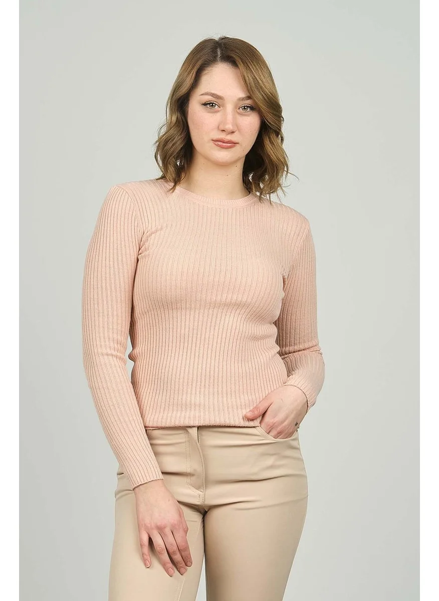 Fashion Friends Women's Ribbed Crew Neck Sweater 23K0290K1 Powder