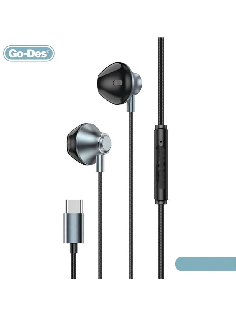 GO-DES Type-C Wired Earphones with Built-in Microphone Compatible with Samsung, Apple iPad& iphone 15 pro max-Black  - Image 1