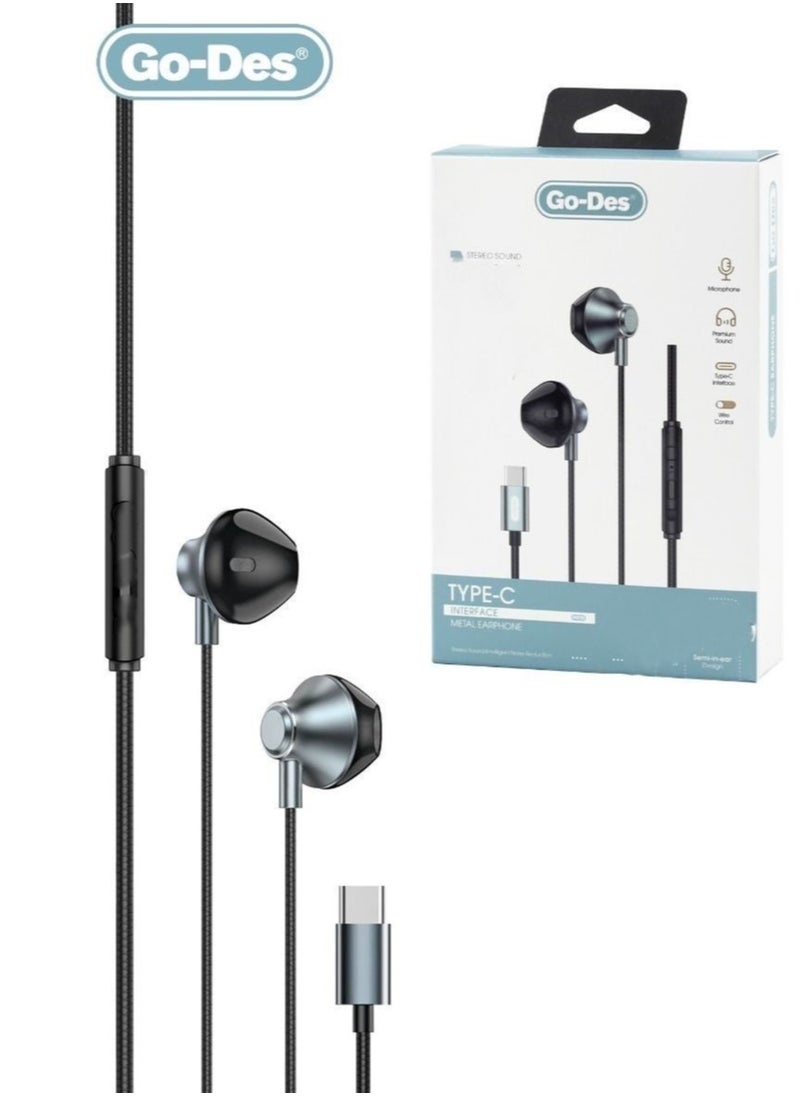 GO-DES Type-C Wired Earphones with Built-in Microphone Compatible with Samsung, Apple iPad& iphone 15 pro max-Black  - Image 2