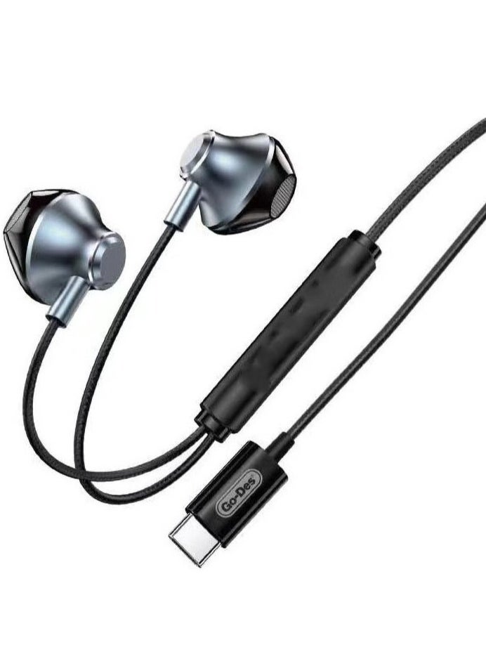 GO-DES Type-C Wired Earphones with Built-in Microphone Compatible with Samsung, Apple iPad& iphone 15 pro max-Black  - Image 3
