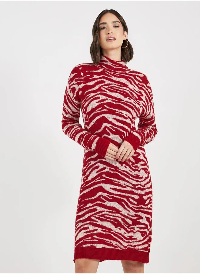 Styli Turtle Neck Patterned Sweater Knee Length Dress