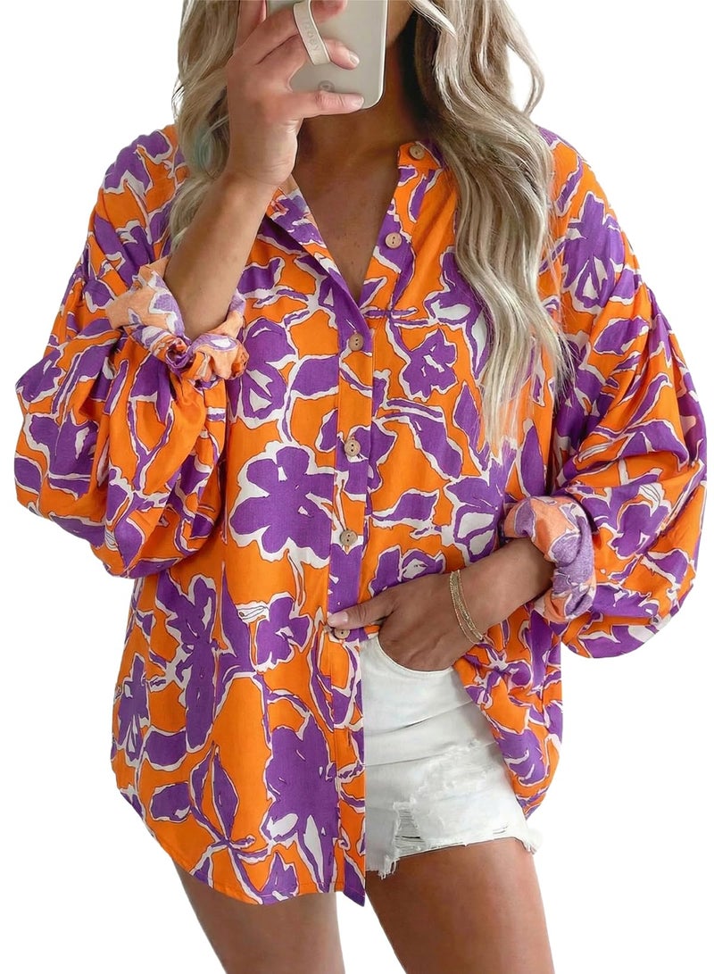 Astylish Womens Boho Floral Loose Spring Summer Tops Trendy Beach Vacation Clothes Lantern Sleeve Flowy Blouses V Neck Breathable Button Down Business Casual Shirts Orange Medium - Image 1