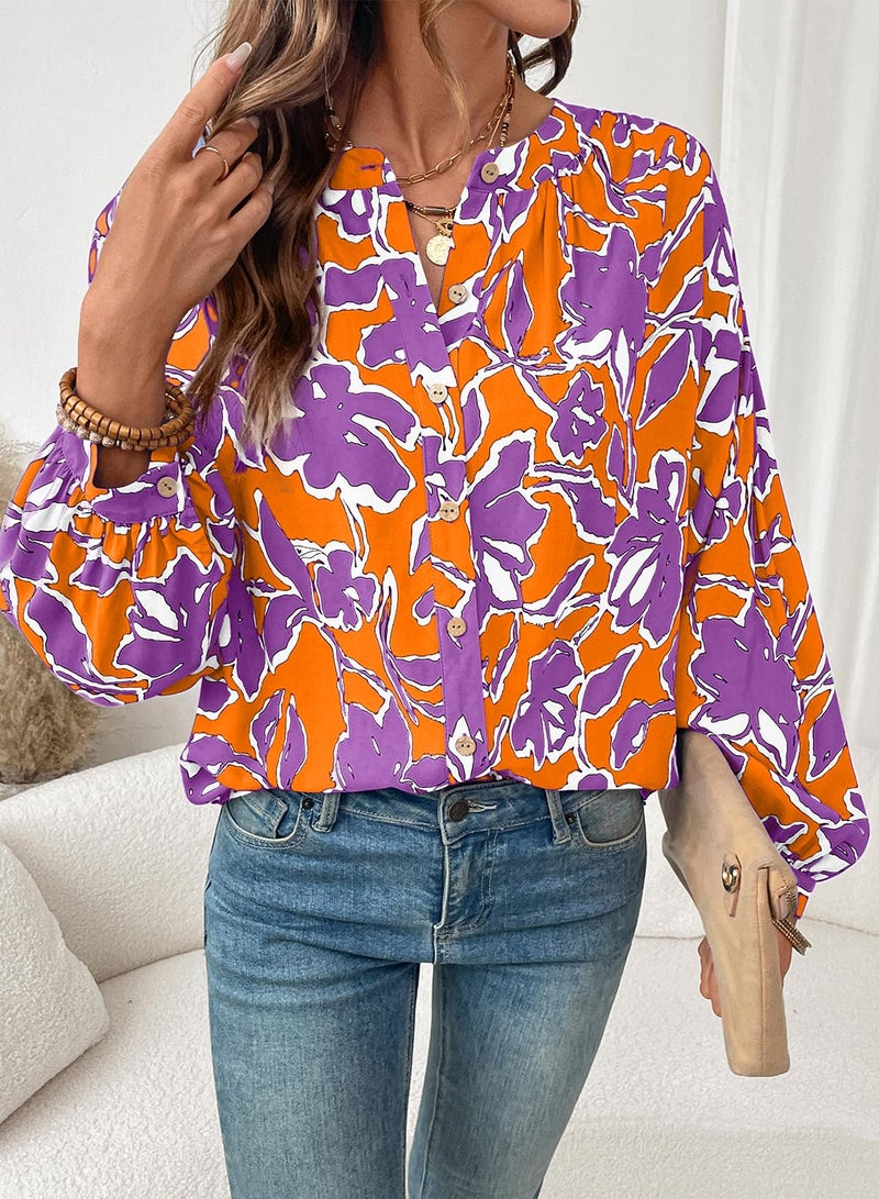 Astylish Womens Boho Floral Loose Spring Summer Tops Trendy Beach Vacation Clothes Lantern Sleeve Flowy Blouses V Neck Breathable Button Down Business Casual Shirts Orange Medium - Image 5