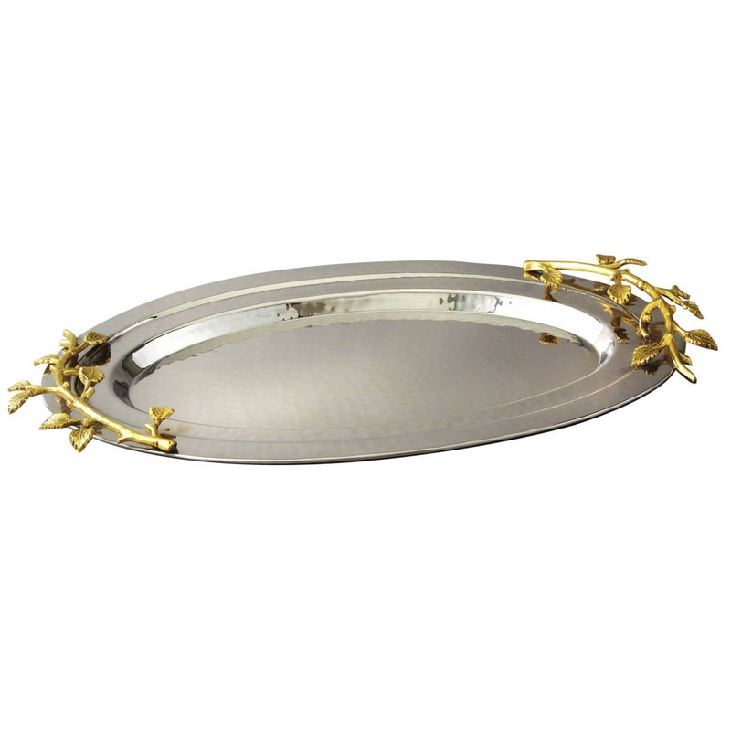 Elegance Golden Vine Hammered Stainless Steel Oval Tray, 16.5 by 10-Inch, Silver/Gold - Image 1