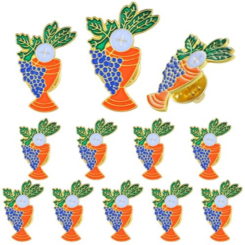 Riceshoot 12 Pcs First Communion Pins Chalice and Grapes Enamel Lapel Pins Bulk Catholic First Holy Communion Gifts Religious Keepsake Church Favors - Image 1