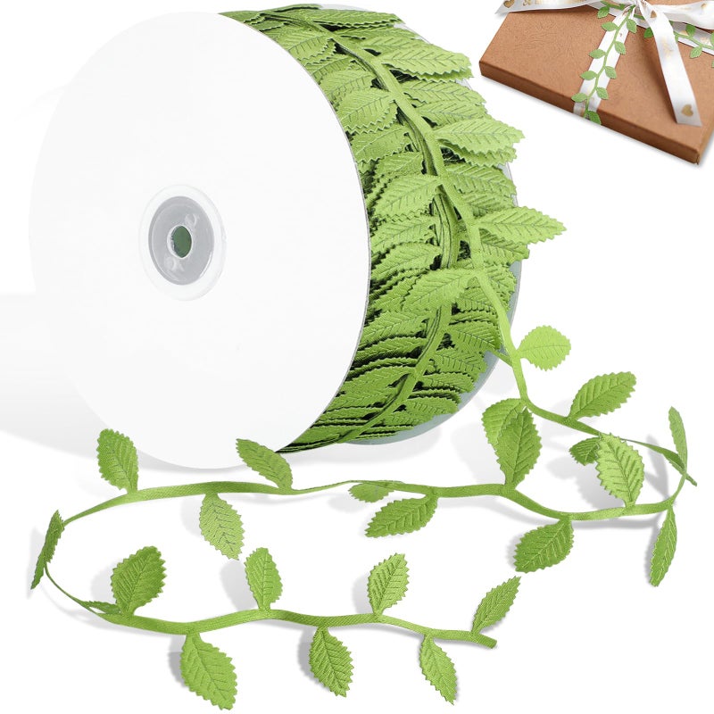 Naidiler Leaf Ribbon, 20Yards Artificial Green Ribbons for Crafts, Grass Olive Green Leaf Trim Rope for Baby Shower Wedding Party Wrapping Home Decor Wreath Garland - Image 1