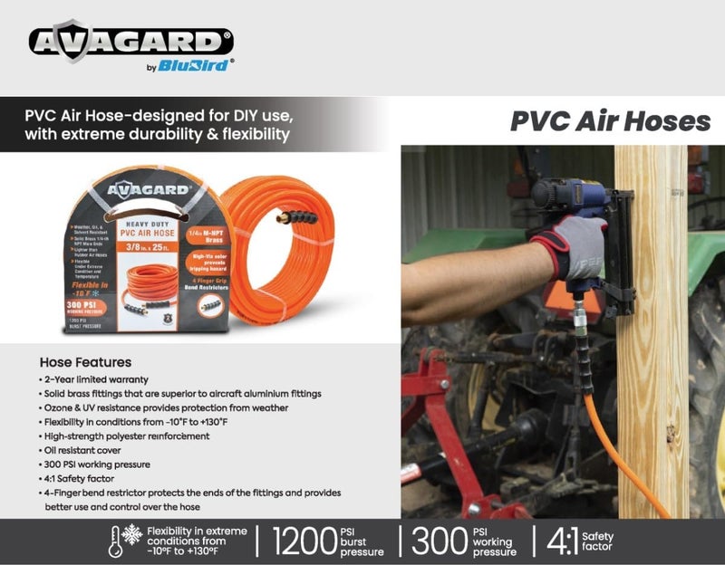 BluBird BLUBIRD AVAGARD 38 x 50 Lightweight PVC Air Hose 300 PSI Flexible Durable Ozone UV  KinkResistant with Solid Brass 14 NPT Fittings - Image 3