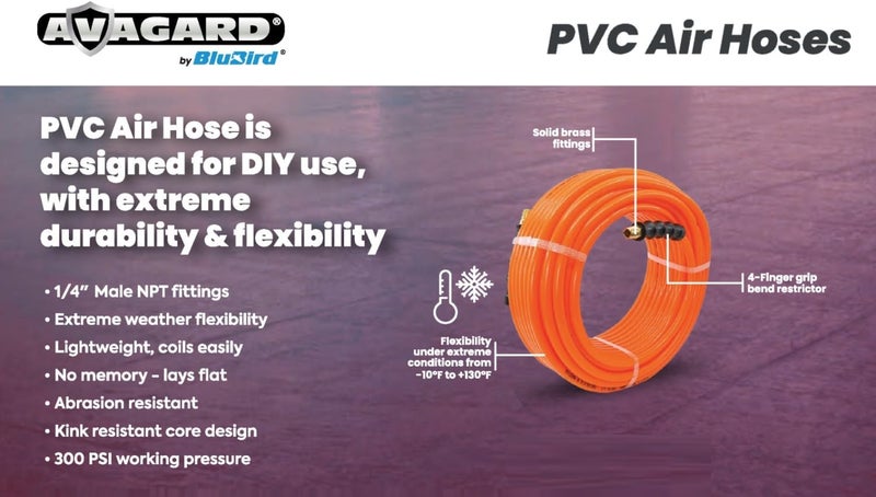 BluBird BLUBIRD AVAGARD 38 x 50 Lightweight PVC Air Hose 300 PSI Flexible Durable Ozone UV  KinkResistant with Solid Brass 14 NPT Fittings - Image 2