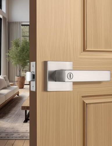 Tinewa Privacy Square Brushed Nickel Door Handles Interior Keyless Door Knobs for BedroomBathroom Reversible for Left Right Handed Doors 1 Pack - Image 1