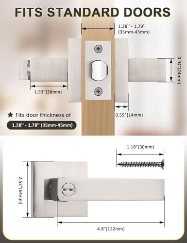 Tinewa Privacy Square Brushed Nickel Door Handles Interior Keyless Door Knobs for BedroomBathroom Reversible for Left Right Handed Doors 1 Pack - Image 3