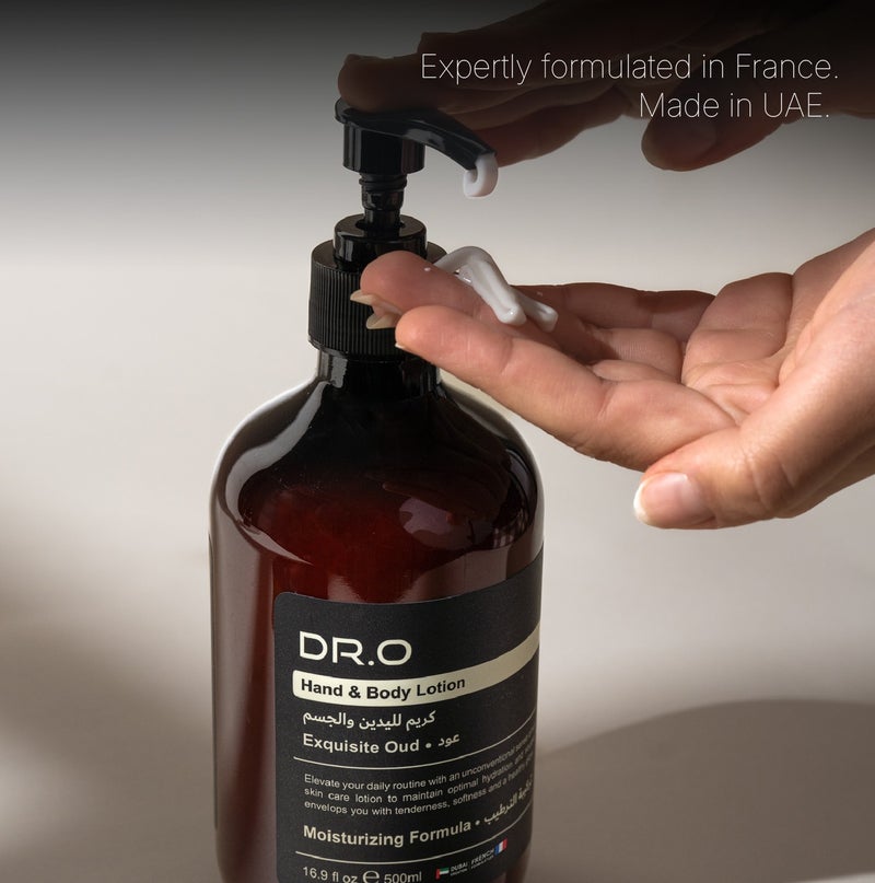 DR.O Premium Hand & Body Lotion | 500ml | Exquisite Oud Scent |Luxury Moisturising Body Cream | Shea Butter Aloe Vitamin E | Hydrating Lotion For Soft Smooth Skin Daily Use | French Formula & UAE Made - Image 4